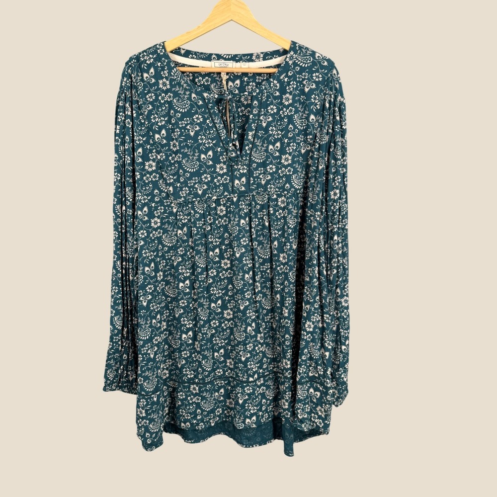 Fat Face Truro Vintage Prairie Size 20 Teal Green Floral Lace Trim Tunic New